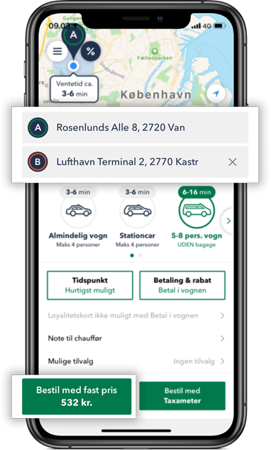 Beregn prisen på din taxa minibus tur i TAXA 4x35 appen