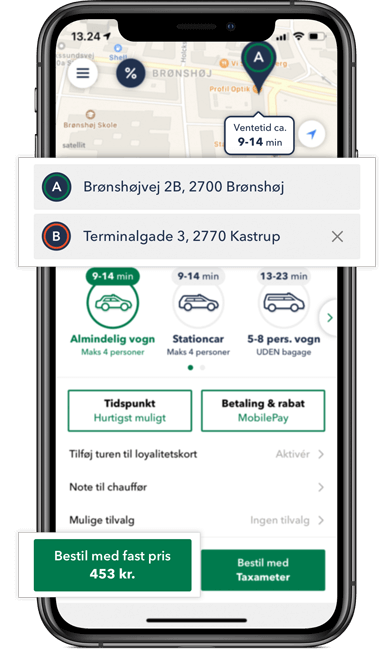 Bestil TAXA Brønshøj - beregn prisen for din taxi tur i TAXA 4x35 appen