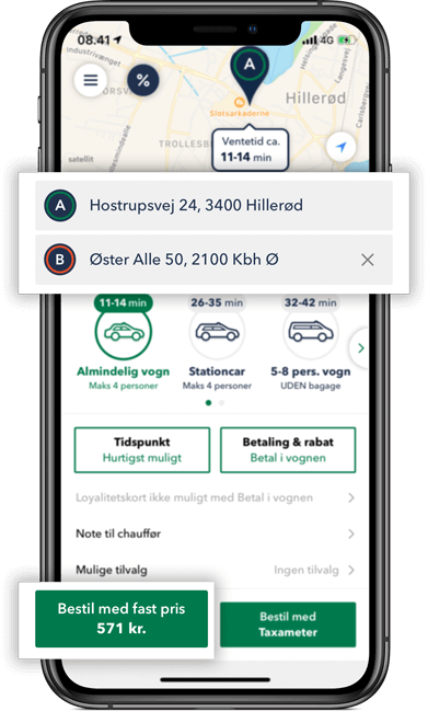Bestil TAXA Hillerød- beregn prisen for din taxi tur i TAXA 4x35 appen