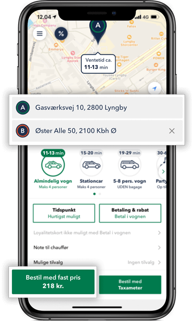 Bestil TAXA Kongens Lyngby beregn prisen på din taxi tur i TAXA 4x35 appen