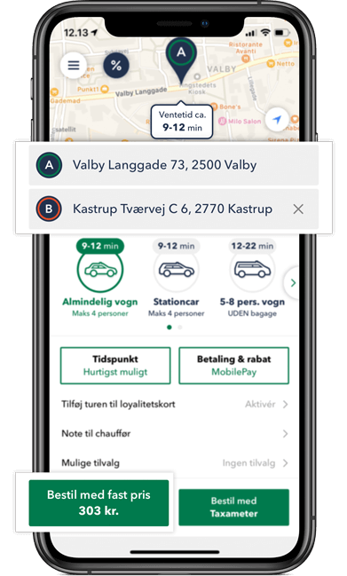 Bestil TAXA Valby- beregn prisen for din taxi tur i TAXA 4x35 appen