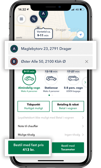 Bestil TAXA til Amager og beregn prisen for din taxi tur i TAXA 4x35 appen
