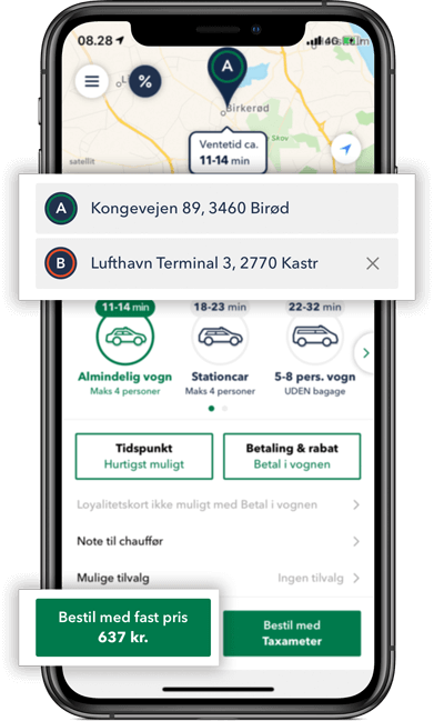 Bestil TAXA Birkerød - beregn din taxi pris i appen