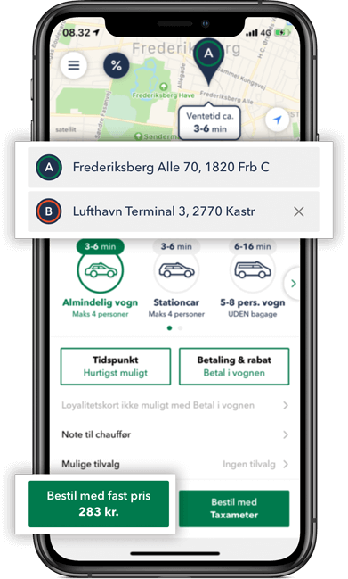 Bestil TAXA Frederiksberg- beregn prisen på din taxi tur i TAXA 4x35 appen