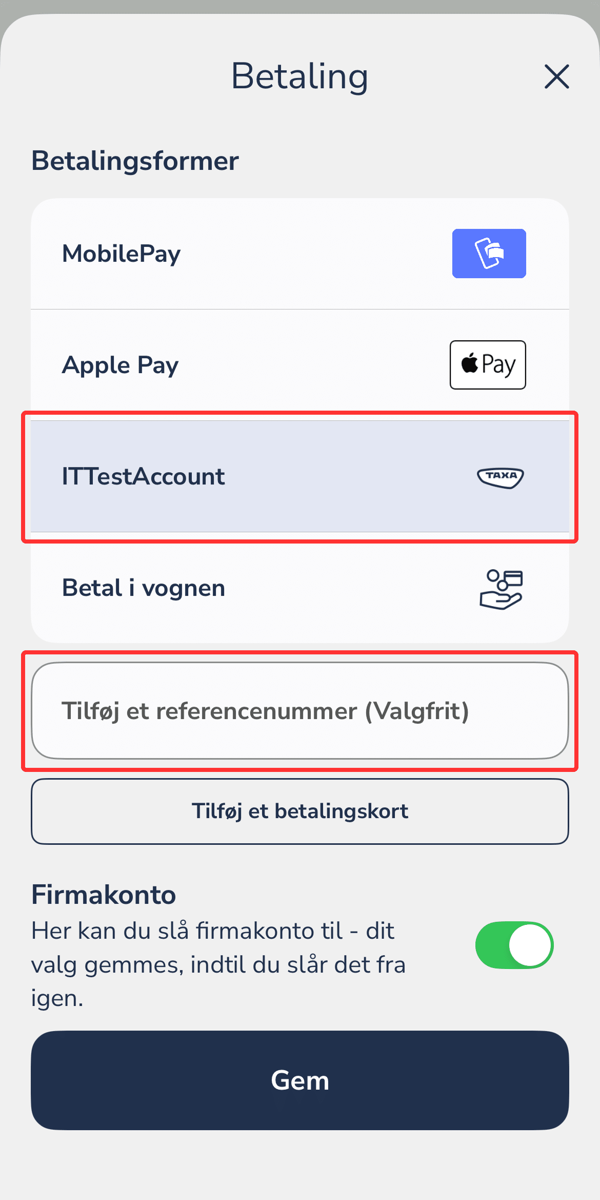 Bestil en TAXA på konto 2