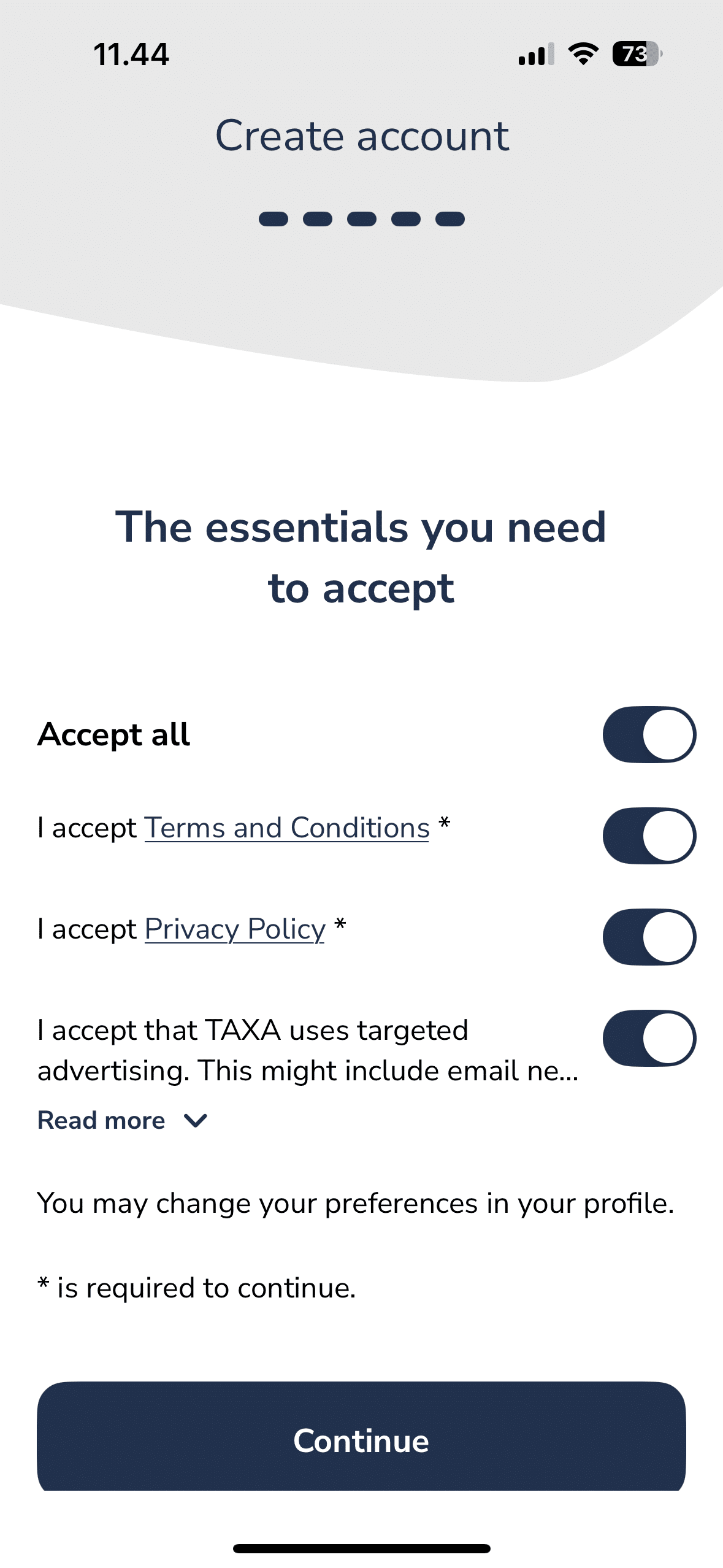 Create an user profile in the taxi app 6