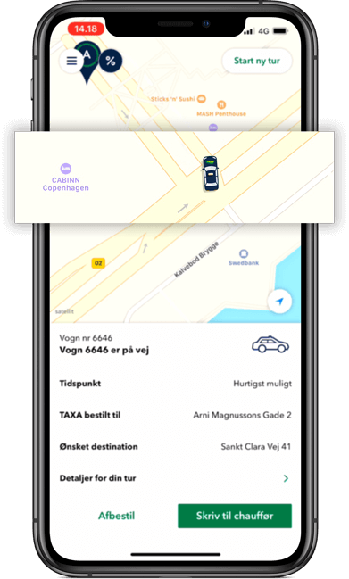 Følg din bestilte taxi vogn på kortet i TAXA 4x35 appen