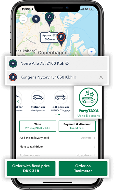 Use the taxi app to calculate your price and to book your party taxi