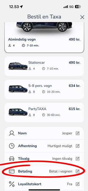 Bestil en TAXA på konto 1